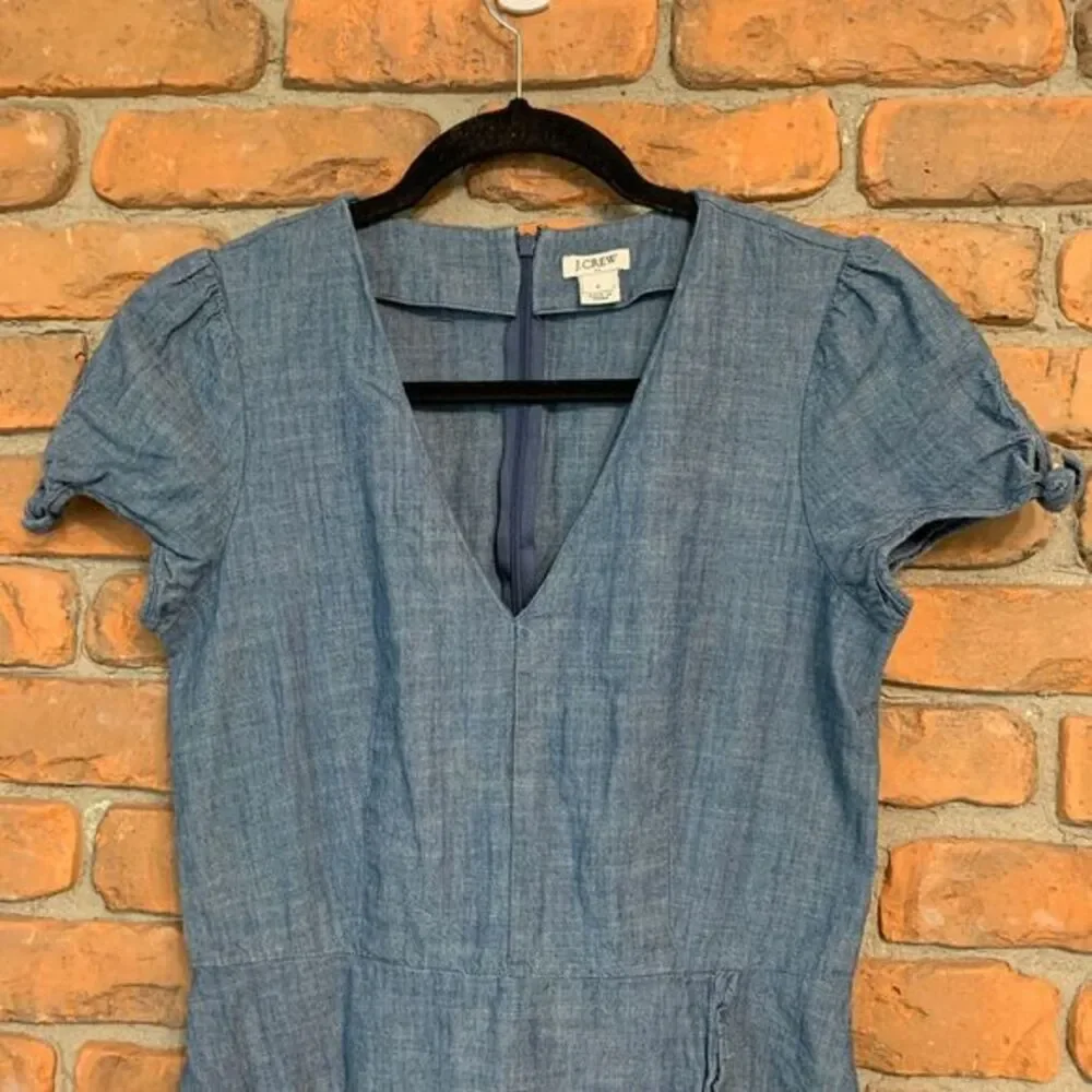 J. Crew‎ Chambray Dress Womens 2 Blue V-Neck Short Sleeve Tie Detail Casual Mini - Picture 2 of 8